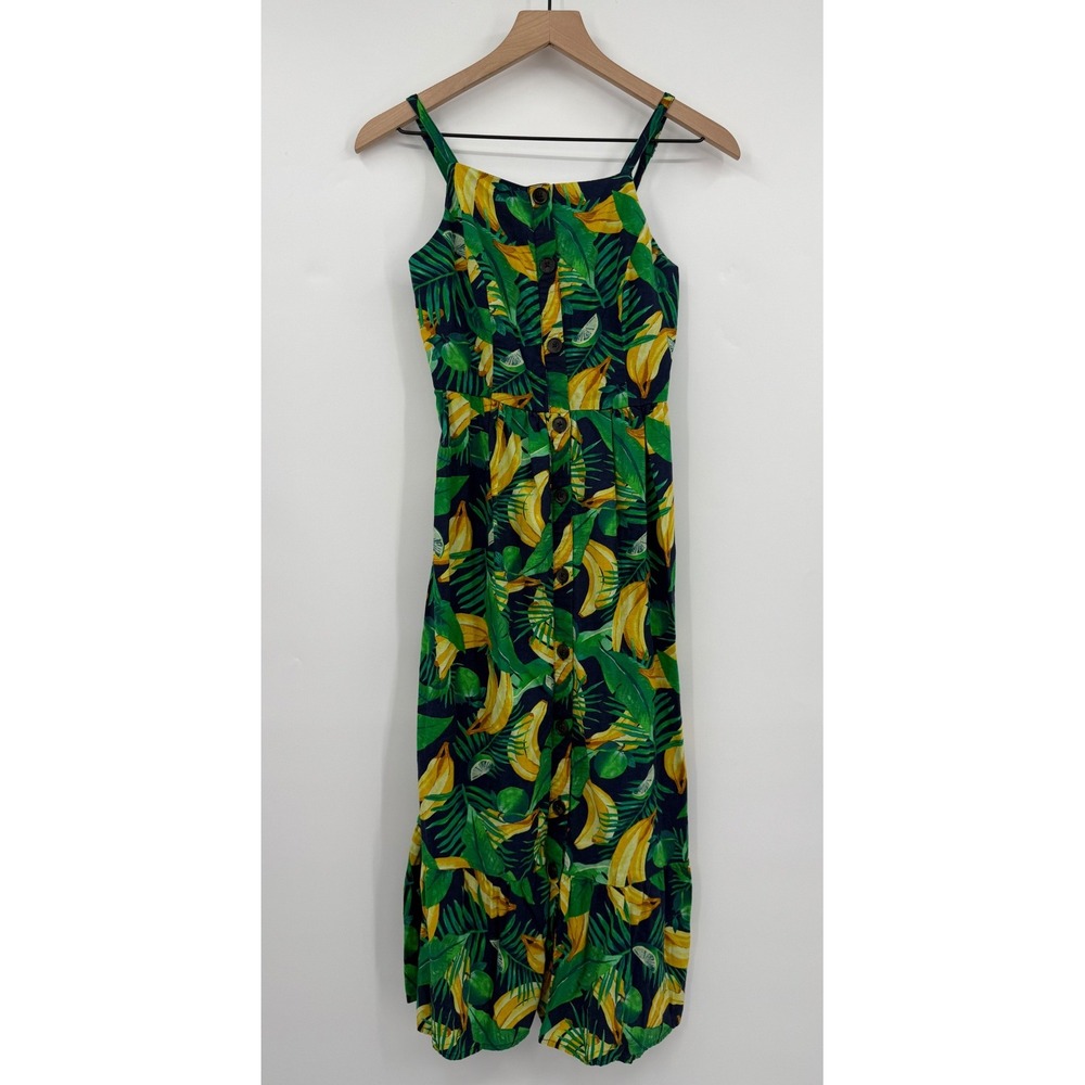 Old Navy Dress Womens XS Blue Tropical Banana Leaf Vacation Beach Midi